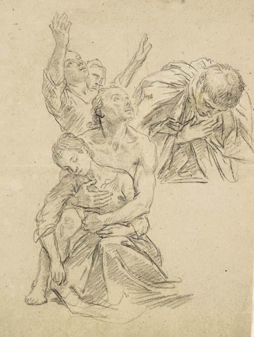 Etienne Parrocel - Un Homme Agenouillé Tenant Une Femme Dans Ses Bras, Un Écclésiastique Priant Et Deux Personnages Levant Les Bras Au Ciel