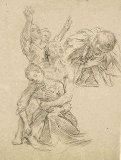 Etienne Parrocel - Un Homme Agenouillé Tenant Une Femme Dans Ses Bras, Un Écclésiastique Priant Et Deux Personnages Levant Les Bras Au Ciel
