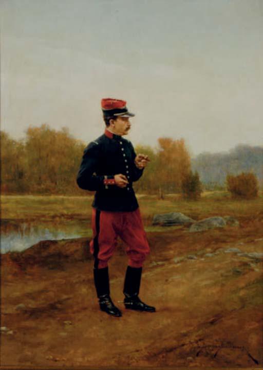 Etienne Prosper Berne Bellecour - A French military officer smoking; and a companion painting