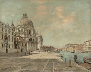 Ettore De Maria Bergler - Feeding pigeons before Santa Maria della Salute