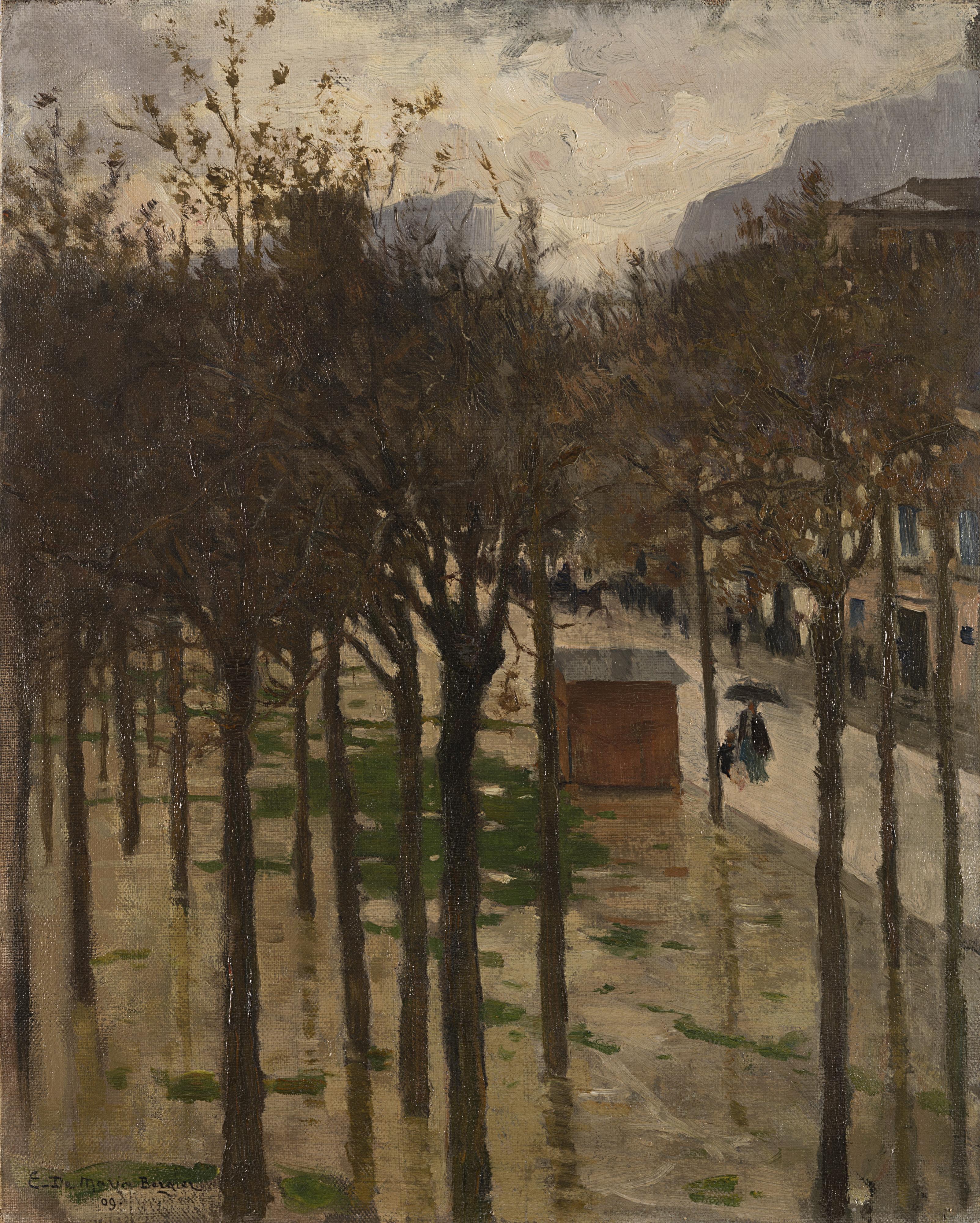 Ettore De Maria Bergler - Scorcio con alberi, strada e case