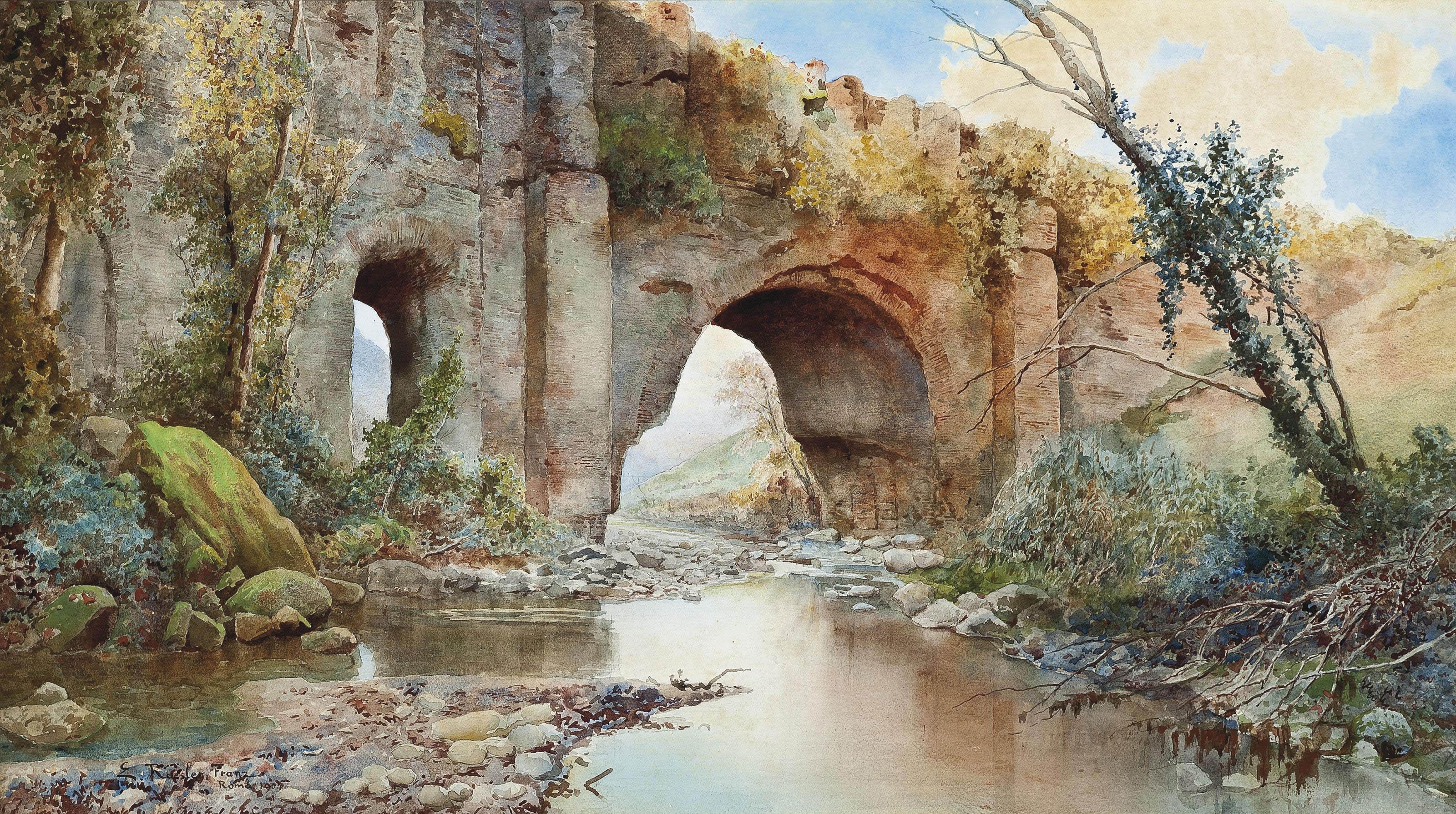 Ettore Roesler Franz - A river running under an aquaduct on the Roman campagna
