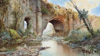 Ettore Roesler Franz - A river running under an aquaduct on the Roman campagna