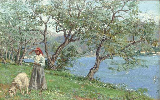 Ettore Ximenes - A Shepherdess By The Edge of An Italian  Lake