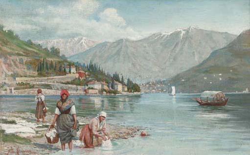 Ettore Ximenes - Washerwomen at the edge of an Italian lake