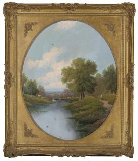 Etty Horton - Cattle watering in a river; and A woman walking beside a quiet stretch of river