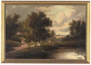 Etty Horton - Figures resting on a track; and Cattle and sheep grazing by a river, a cottage beyond