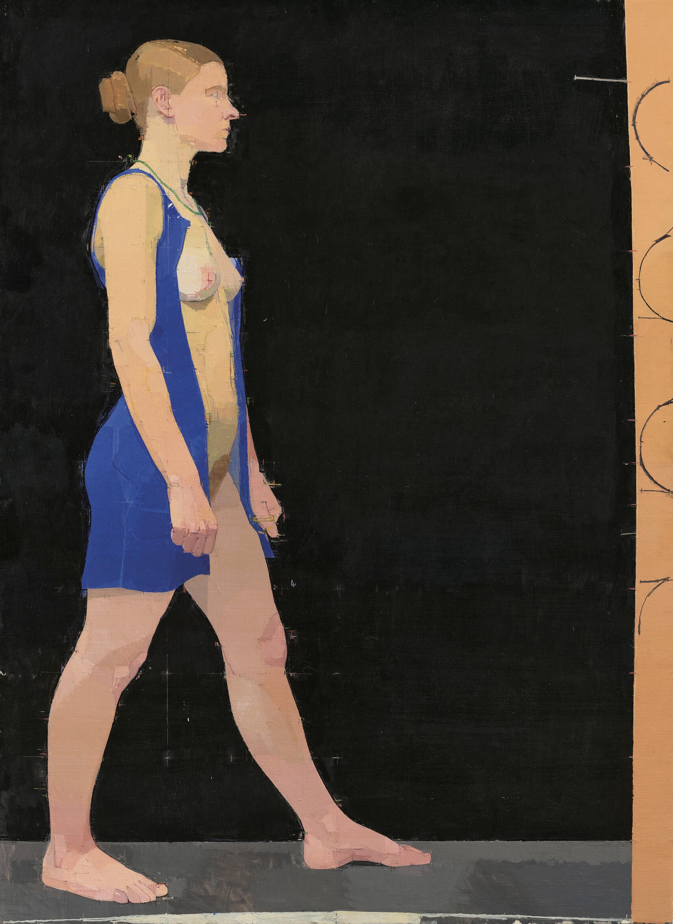 Euan Uglow - Striding Nude, Blue Dress