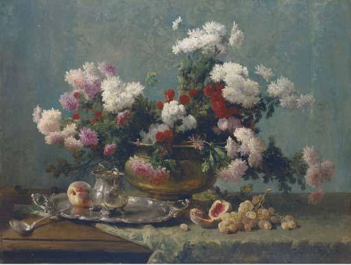 Euene Petit - Chrysanthemums In A Brass Urn, And A Silver Tray And Jug On A Draped Table