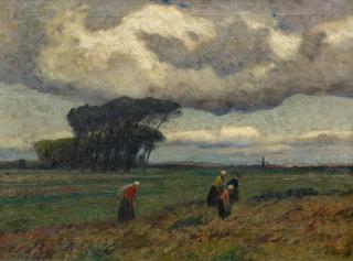 Eugen Kampf - Bäuerinnen auf dem Heimweg vor einer abendlichen Landschaft