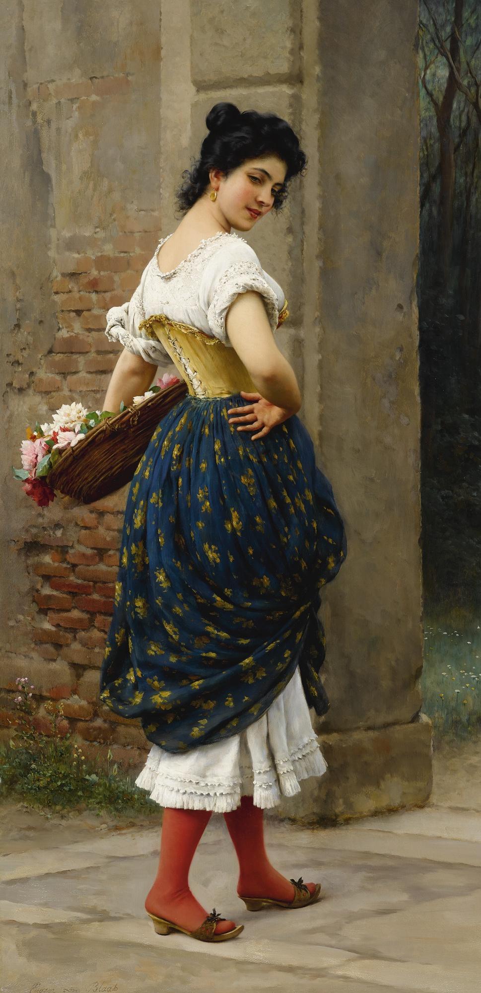 Eugen Von Blaas - A Maiden With A Basket Of Roses