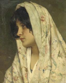 Eugen Von Blaas - A Young Beauty with a Flowered Shawl