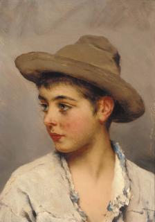 Eugen Von Blaas - A young boy wearing a stetson