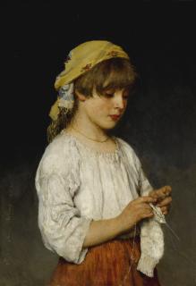 Eugen von Blaas - Austrian knitting Girl With Headscarf