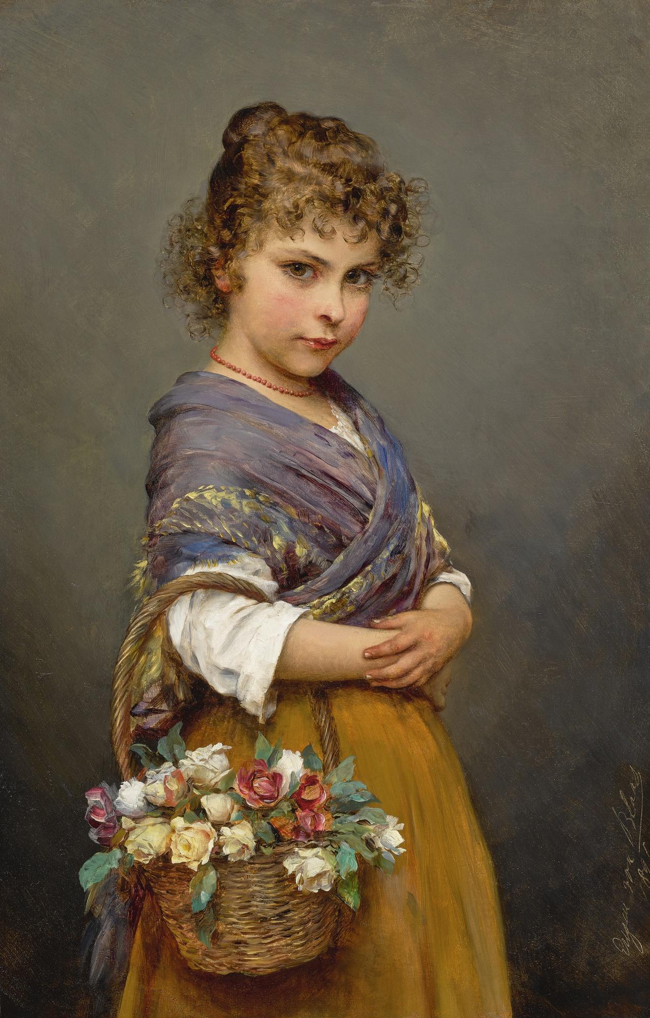 Eugen Von Blaas - Young Girl With A Basket Of Flowers