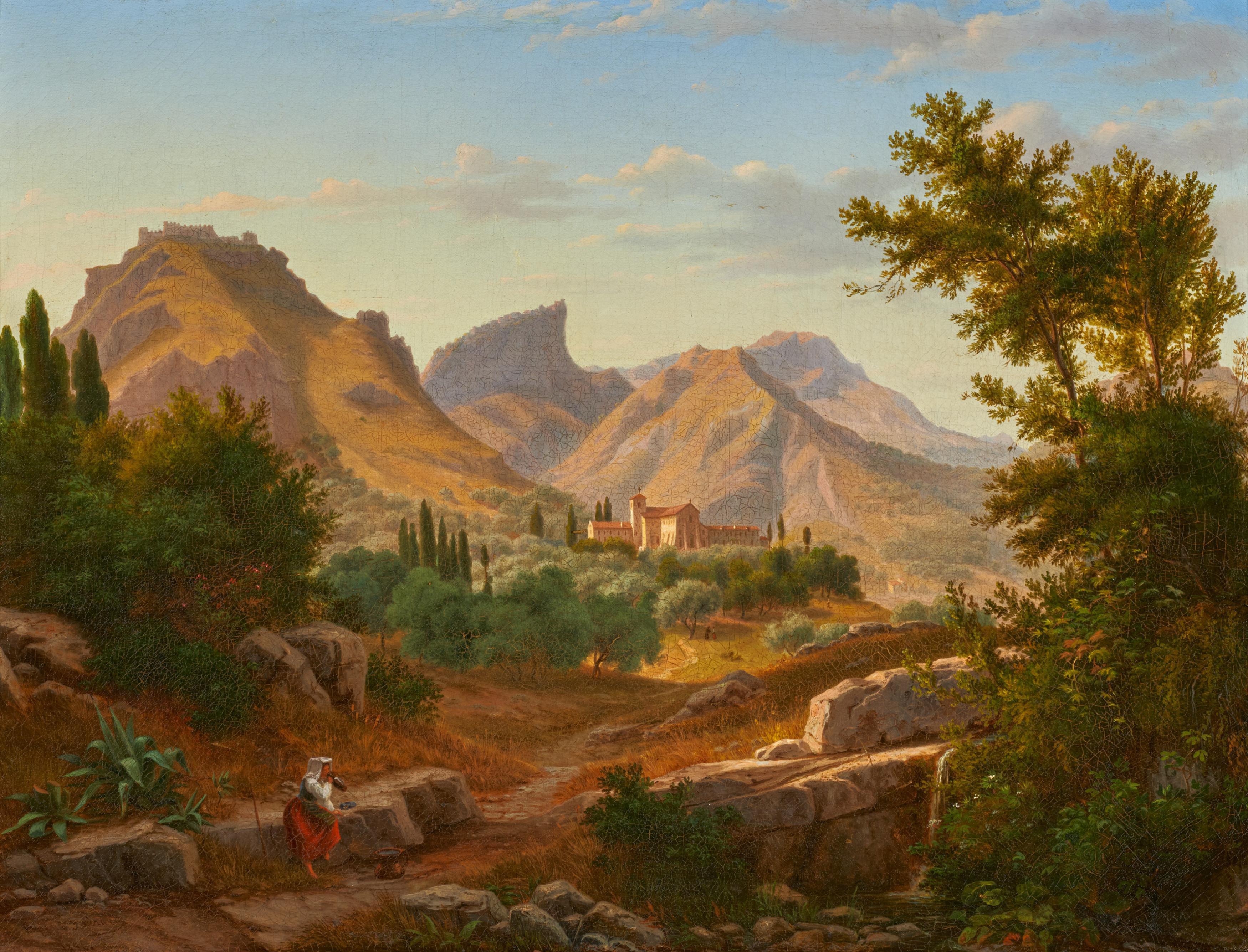 Eugen von Guérard - Sizilianische Landschaft mit Klosteranlage in einem Olivenhain.