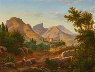 Eugen von Guérard - Sizilianische Landschaft mit Klosteranlage in einem Olivenhain.