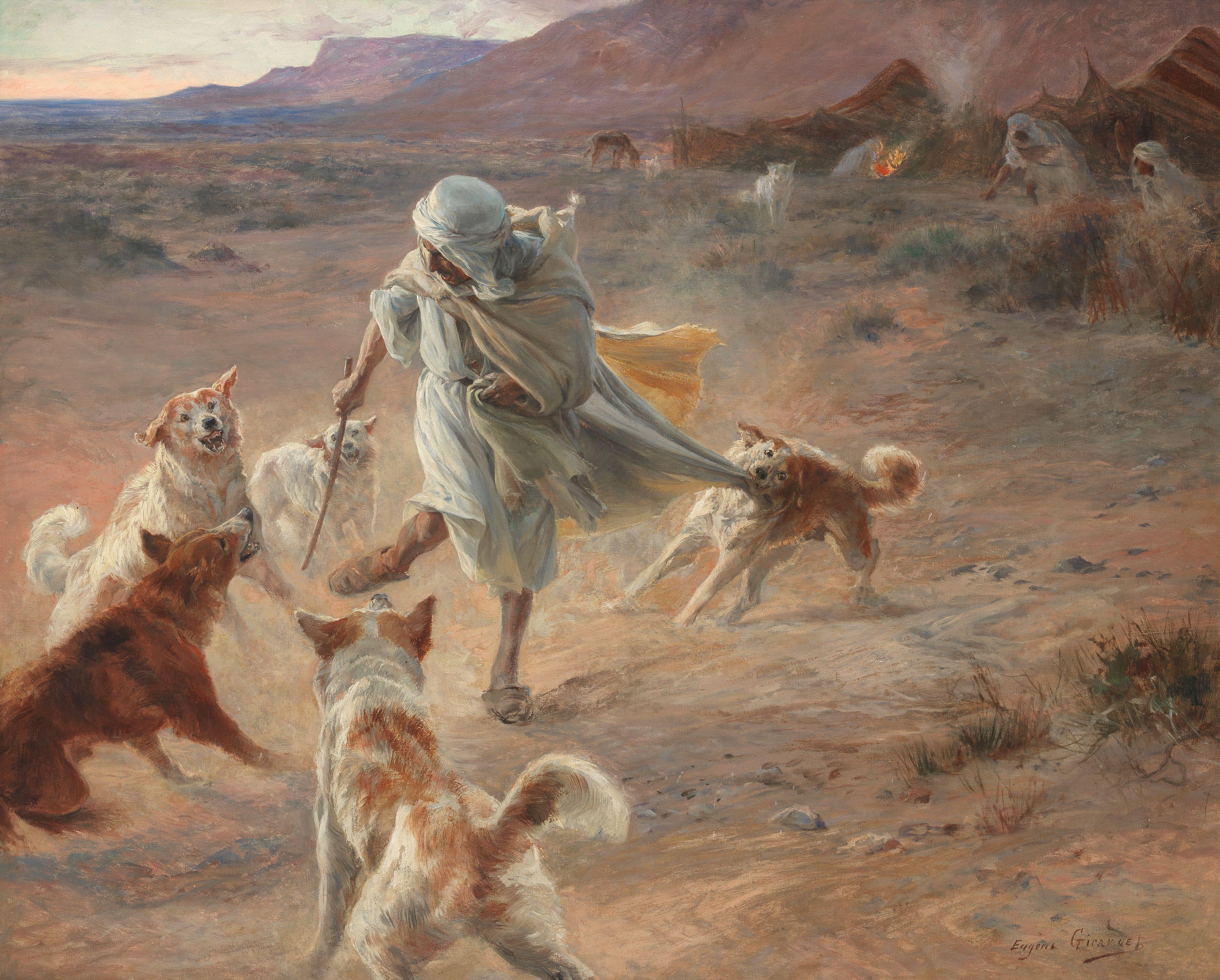 Eugene Alexis Girardet - Nomade devant un campement, attaqué par des chiens