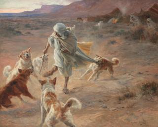 Eugene Alexis Girardet - Nomade devant un campement, attaqué par des chiens