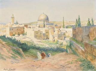 Eugène-Alexis Girardet - Une vue de Jérusalem, des figures au premier plan