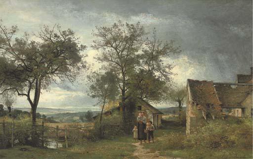 Eugène-Antoine-Samuel Lavieille - A Family Gathering Before A Country Cottage