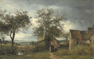 Eugène-Antoine-Samuel Lavieille - A Family Gathering Before A Country Cottage