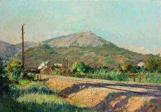 Eugène Baptiste Emile Dauphin - a train running through a Mediterranean landscape