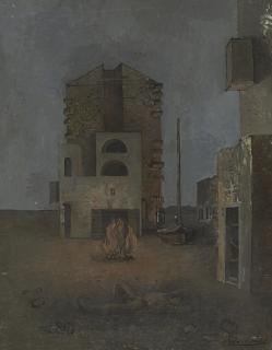 Eugene Berman - Homme couché près d\'un feu