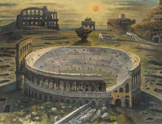 Eugene Berman - Paesaggio con Anfiteatro Rudèri tombe al Tramonito