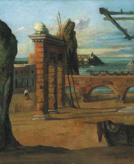 Eugène Berman - Vue d\'un port de mer en ruines