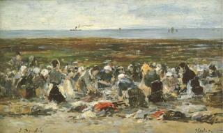 Eugene Boudin - Etretat, Laveuses sur la plage, marée basse, falaise d\'Aval