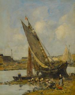 Eugène Boudin - Laveuses près d\'un bateau échoué le long du port de Trouville, marée basse