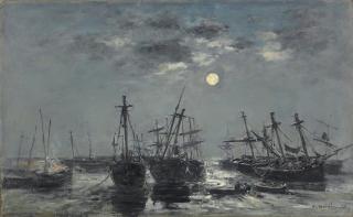 Eugène Boudin - Portrieux. Bateaux échoués. Clair de lune