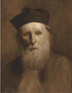 Eugène Carrière - Portrait of a priest, bust-length, in traditional hat and robes