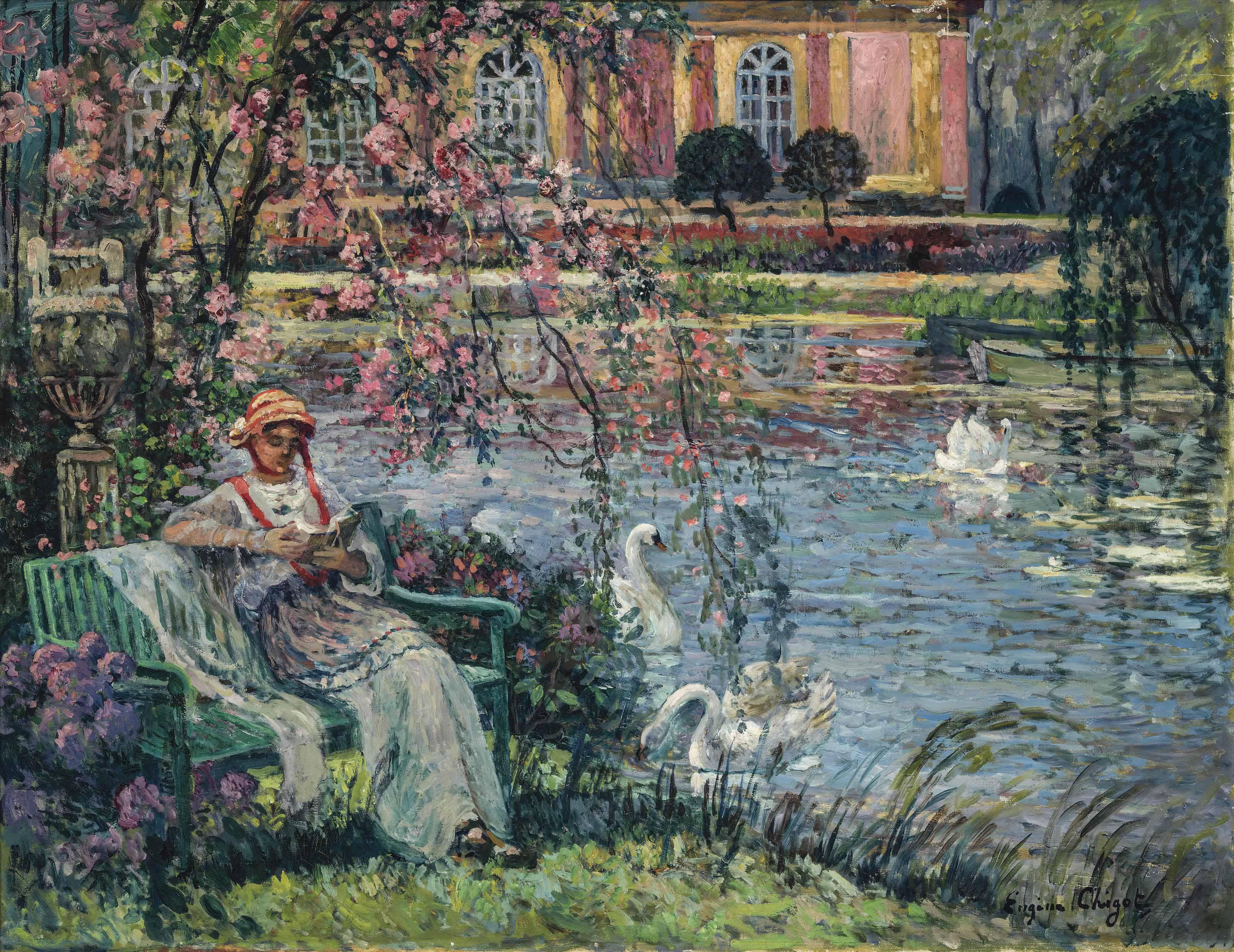 Eugène Chigot - Jeune femme au bord de l\'étang