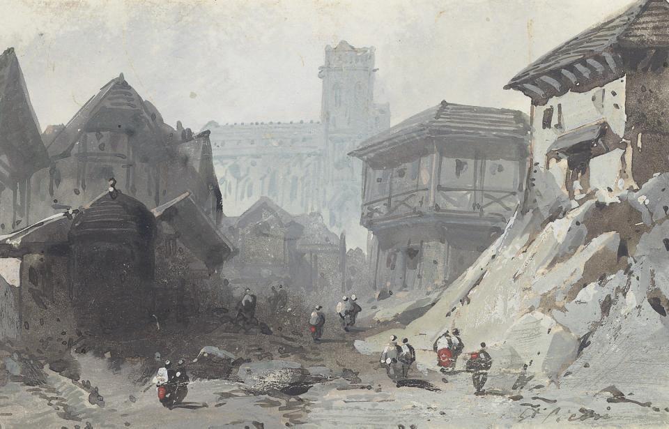 Eugène Ciceri - A view of an Alpine town (recto); A study of a group of trees by a lake (verso)