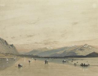 Eugène Ciceri - An Extensive Landscape With Pleasure Boats On A Lake, Mountains Seen Beyond