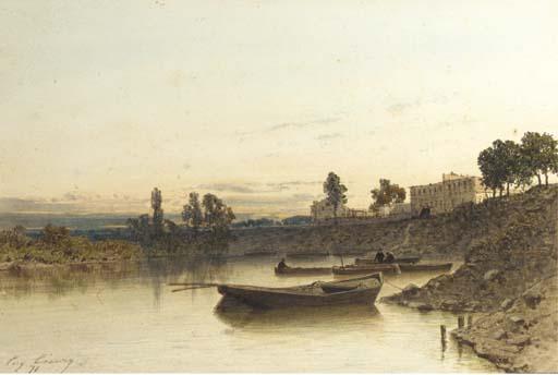 Eugène Ciceri - Boats on the river, a house on the riverbank beyond