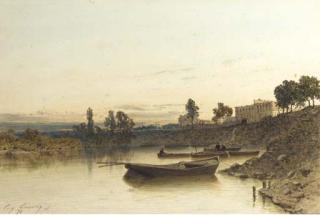 Eugène Ciceri - Boats on the river, a house on the riverbank beyond