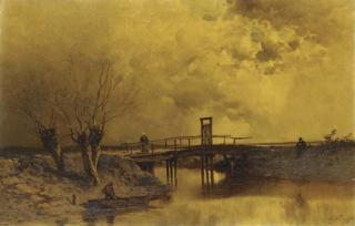 Eugène Ciceri - Figures by a Wooden Bridge in a River Landscape