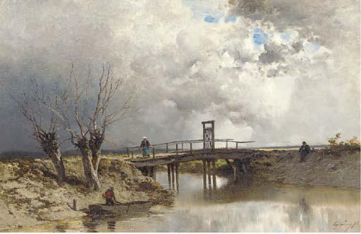 Eugene Ciceri - Figures by a wooden bridge