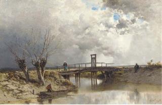 Eugene Ciceri - Figures by a wooden bridge