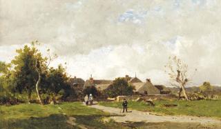 Eugène Ciceri - Figures on the outskirts of a village
