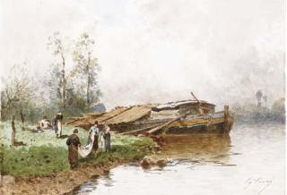 Eugène Cicéri - Lavandières Et Pêcheurs Au Bord D\'Une Rivière