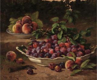 Eugene Claude - Bowls of plums and peaches in the garden