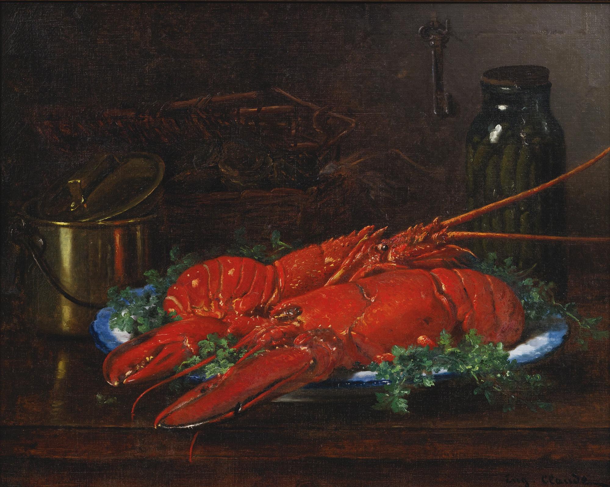 Eugène Claude - Still Life Of A Lobster With A Copper Pot On A Ledge