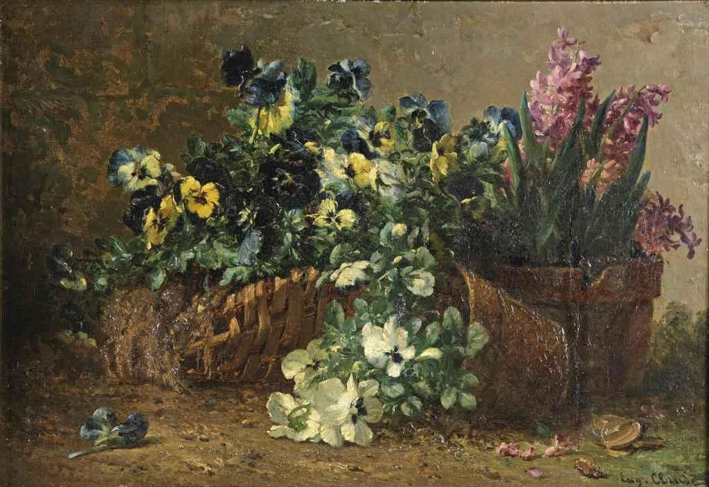 Eugene Claude - Violets and hyacinths in pots