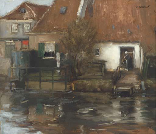 Eugene Dekkert - A figure outside a cottage before a river