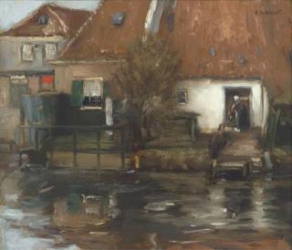 Eugene Dekkert - A figure outside a cottage before a river