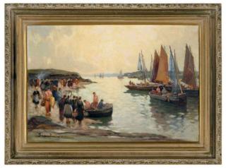 Eugéne Demester - Busy harbor in Brittany